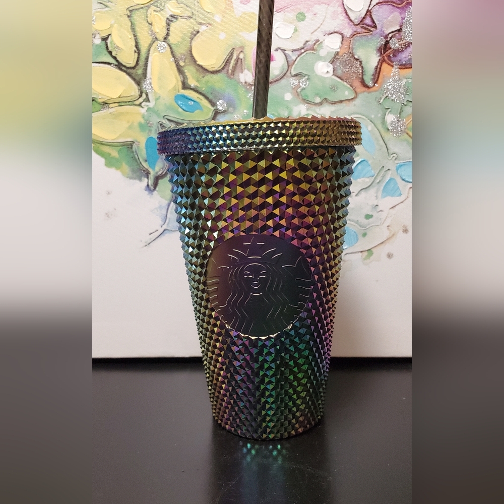 Starbucks Metallic Oil Slick Rainbow Bling Grande Studded Tumbler. NWT 16 oz.